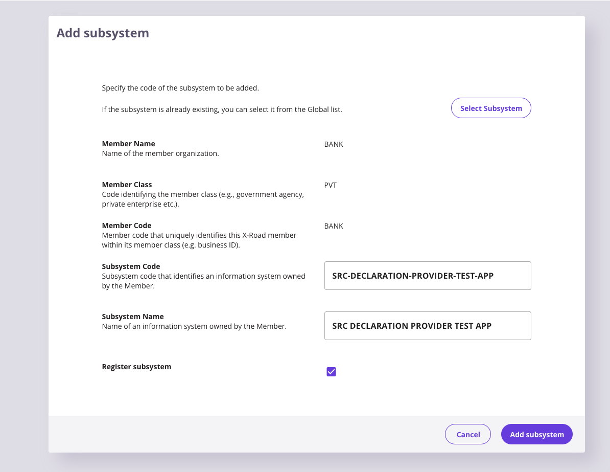 Add Subsystem dialog